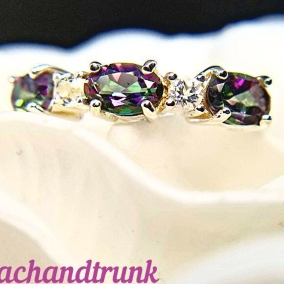 925 Sterling Silver Genuine Mystic Fire Topaz Oval Cut & White Topaz Size 9 NWT - Picture 5 of 12